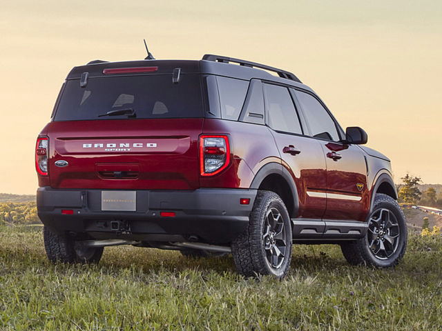 Rear facing profile view of a burgundy 2023 Ford Bronco Sport. | Ford dealer in Jacksonville, AR | Crain Ford of Jacksonville